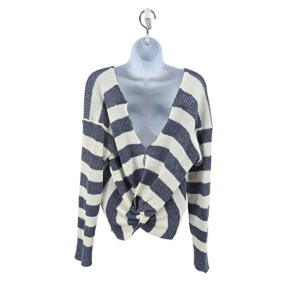 Mystree Blue/White Knit Open Back Sweater Knotted Back WMNS M V-neck Long Sleeve - Picture 2 of 5